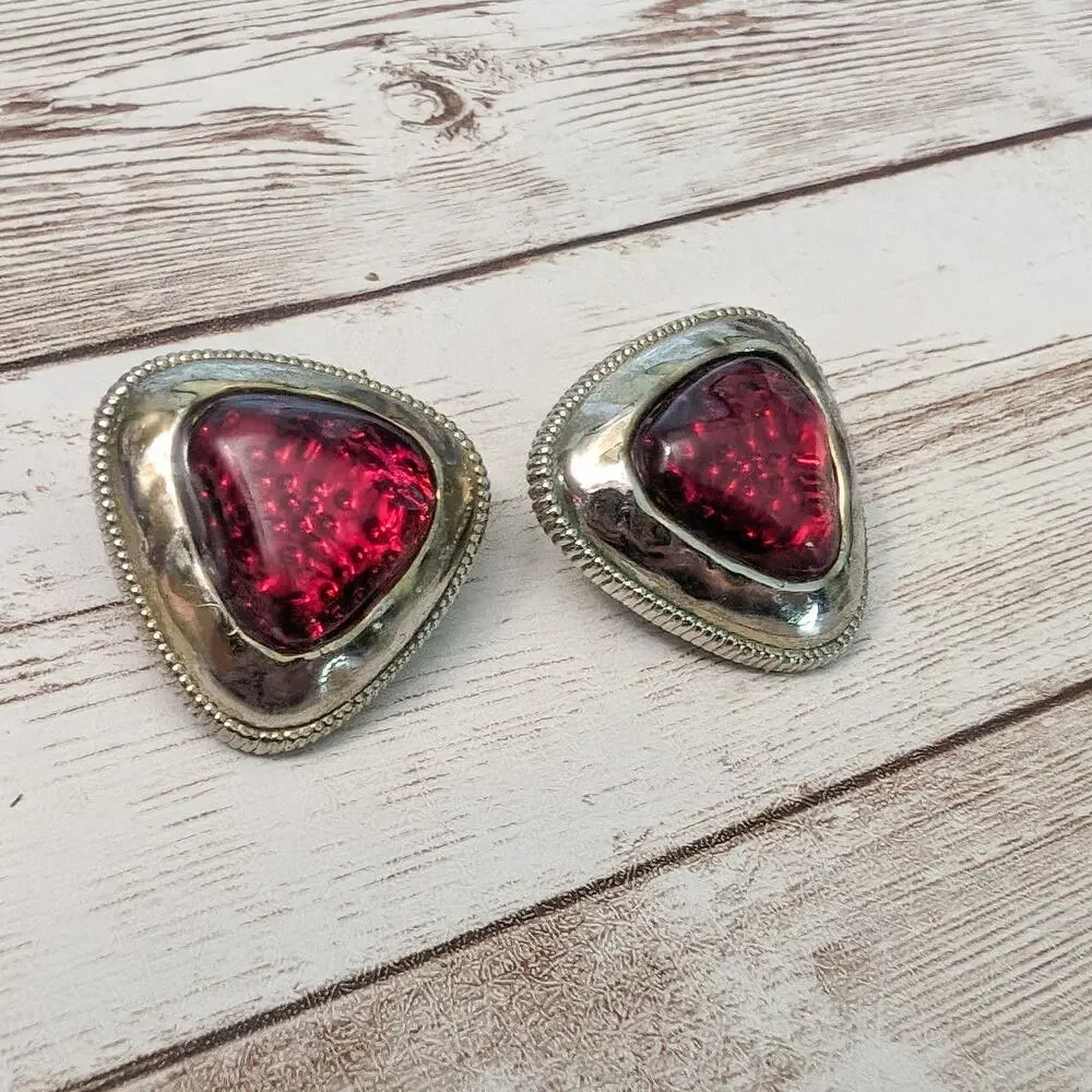 Vintage Clip On Earrings Statement Large Red & Gold Tone Triangular